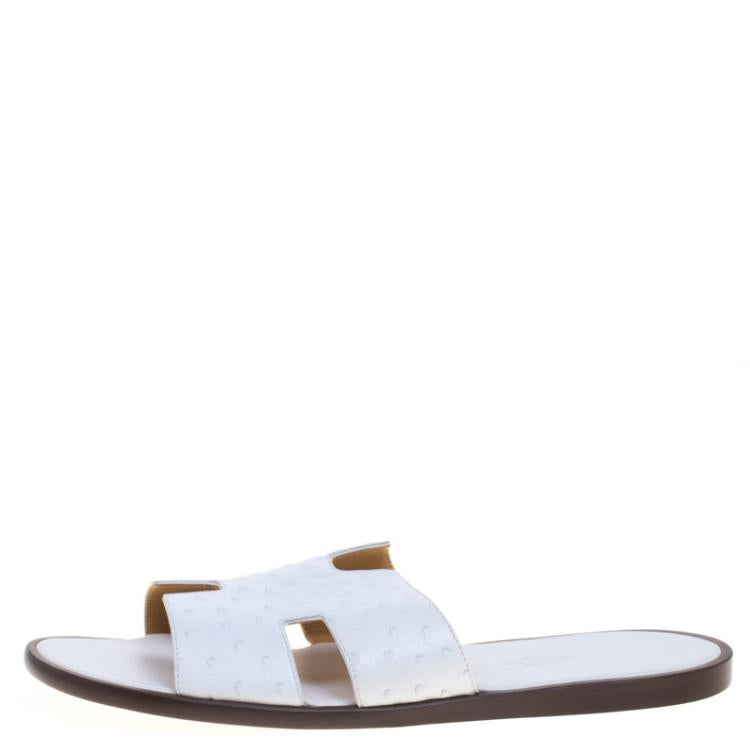 Hermes White Ostrich Izmir Sandals Size 44
