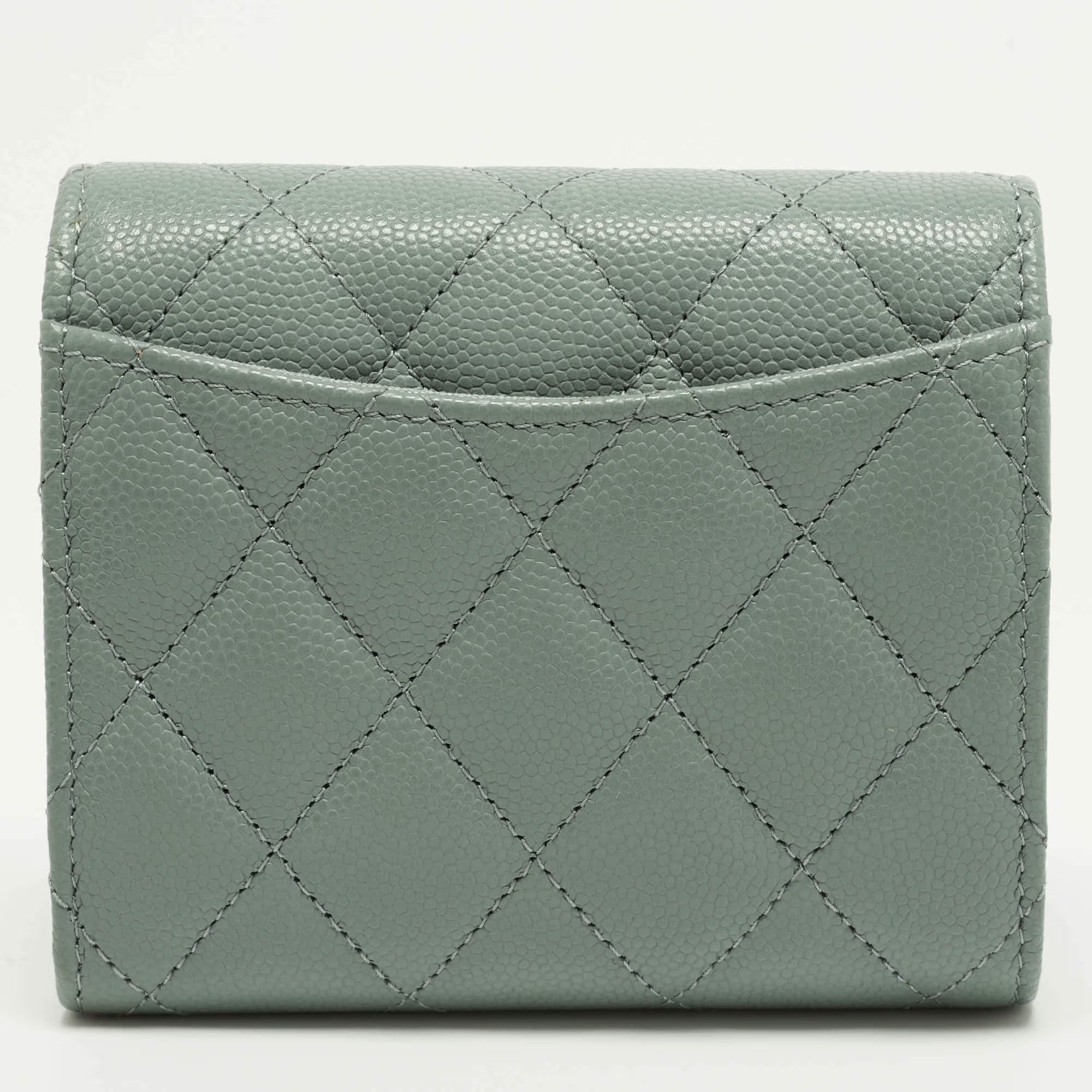 Chanel Classic Sage Green Quilted Caviar Leather Trifold Wallet