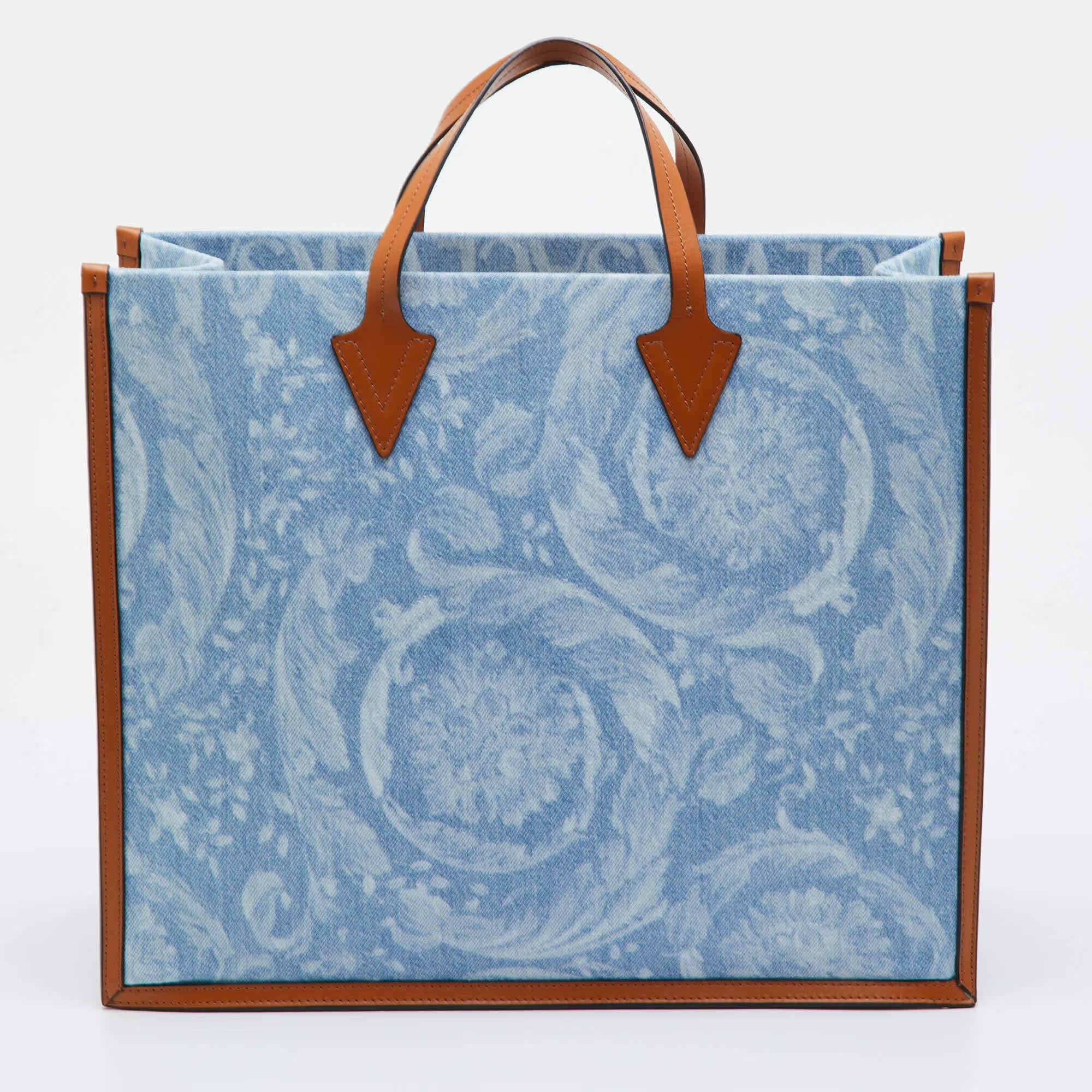 Versace Allover Blue/Brown Denim and Leather Shopper Tote