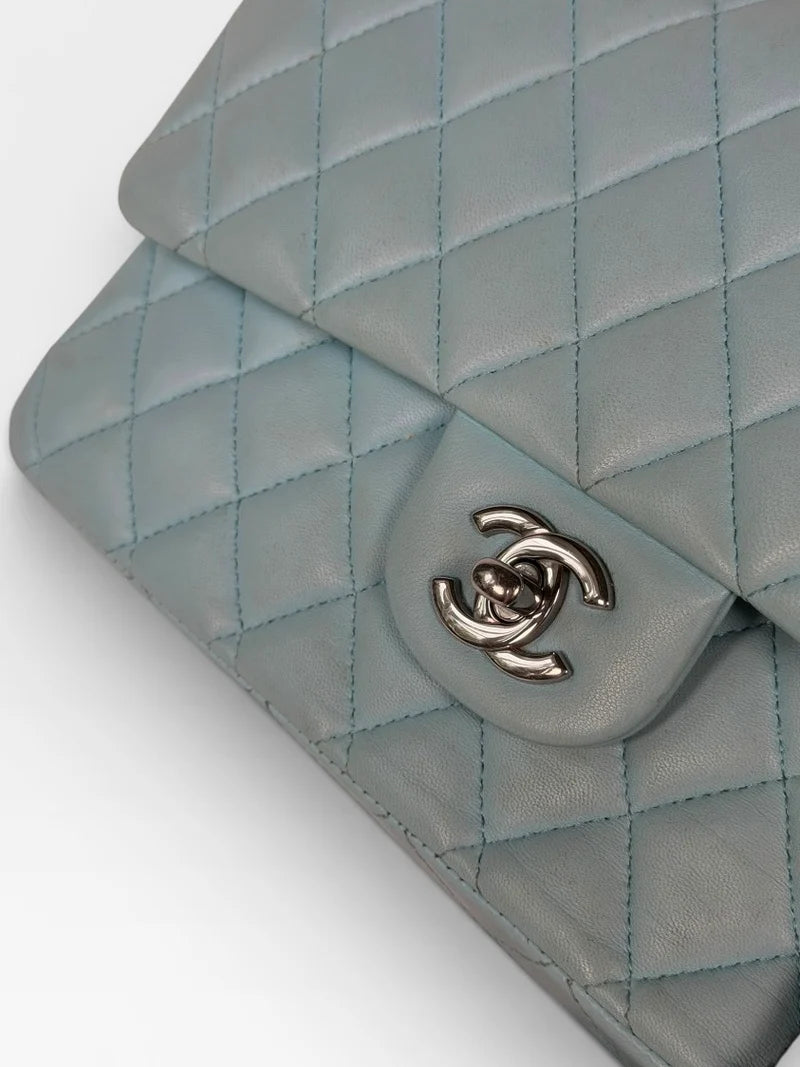 CHANEL MEDIUM DOUBLE CLASSIC FLAP LIGHT BLUE LAMBSKIN SILVER HARDWARE