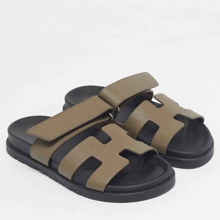 Hermes Green Leather Chypre Slide Sandals Size 34