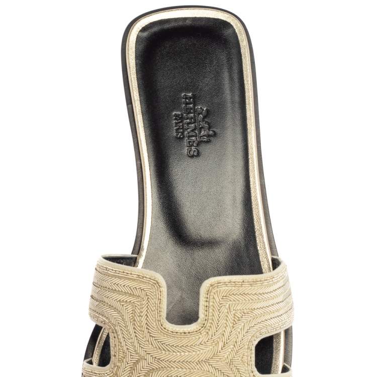 Hermes Metallic Pale Gold Twisted Metal Thread Oran Sandals Size 37