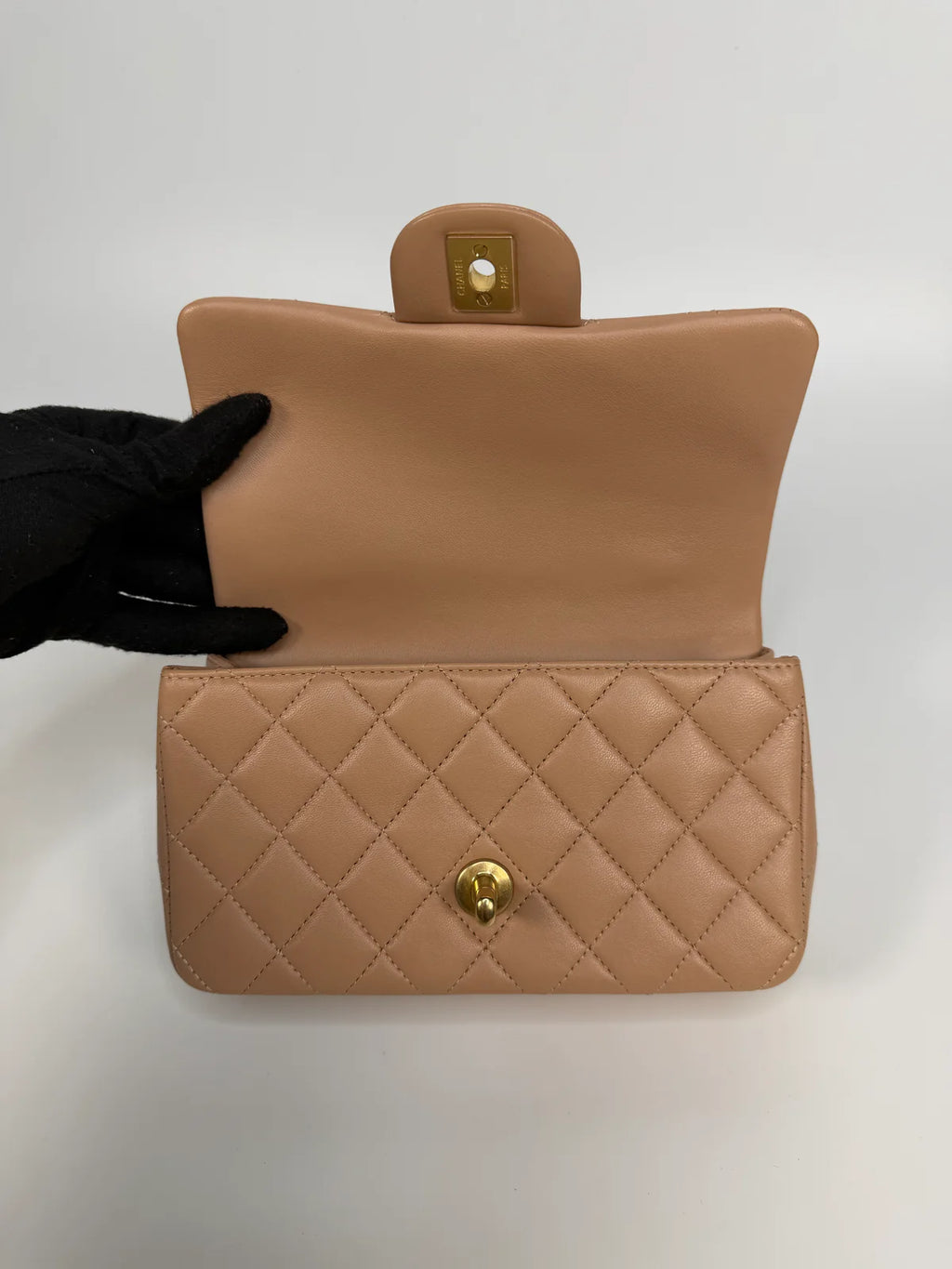 CHANEL MINI RECTANGLE TOP HANDLE IN BEIGE LAMBSKIN LEATHER GOLD HARDWARE