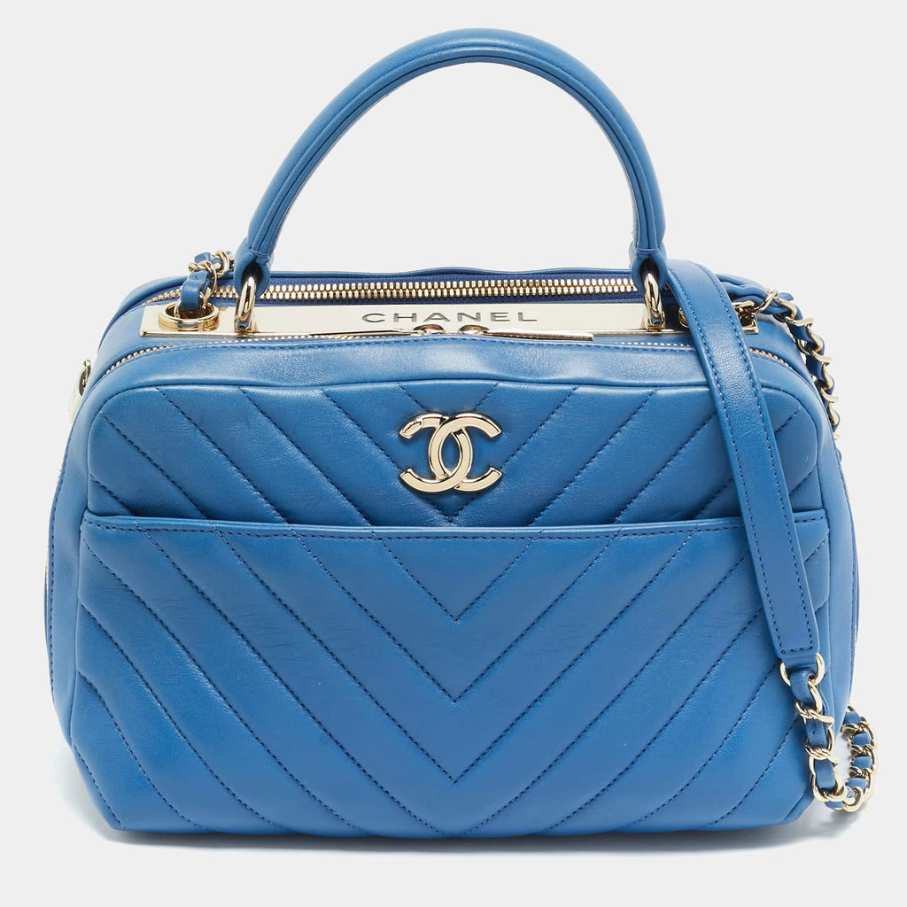 Chanel Trendy CC Medium Blue Chevron Leather Bowling Bag