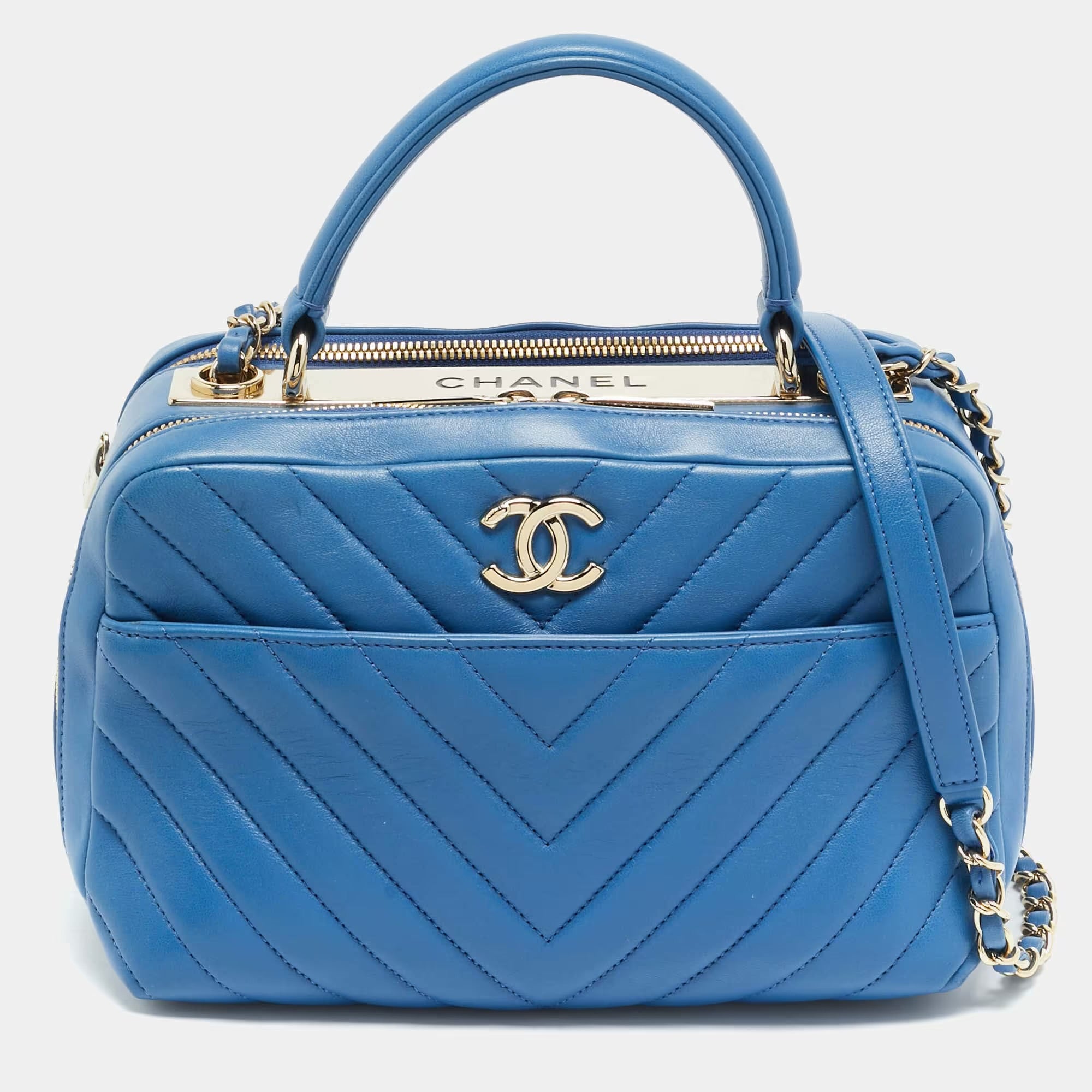 Chanel Trendy CC Medium Blue Chevron Leather Bowling Bag