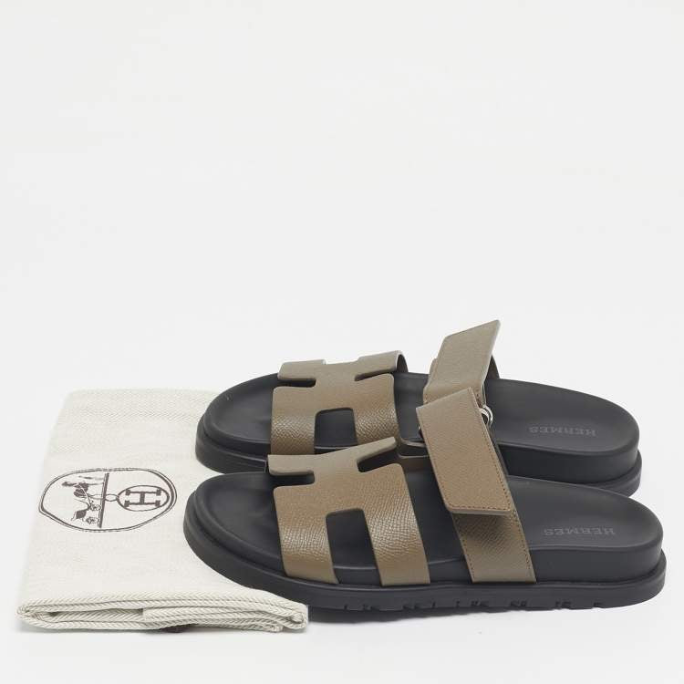 Hermes Green Leather Chypre Slide Sandals Size 34
