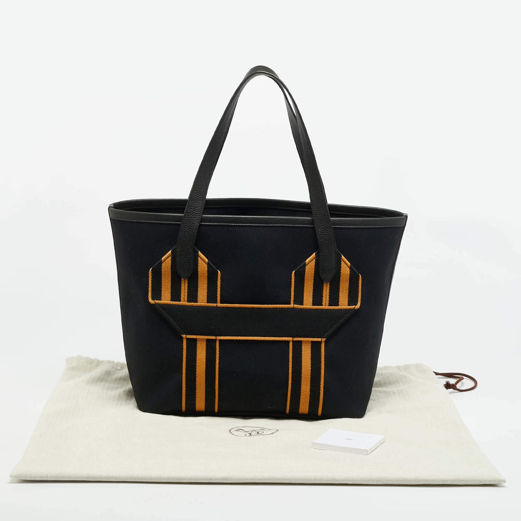 Hermes Pursangle MM Noir/Caramel Militaire Toile and Taurillon Clemence Leather Tote