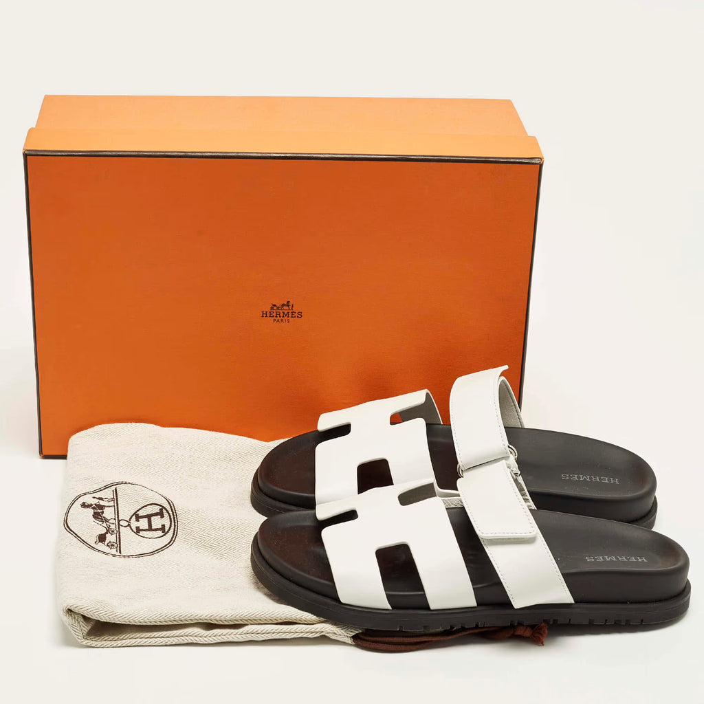 Hermes Chypre Size 37.5 White Leather Flat Slide
