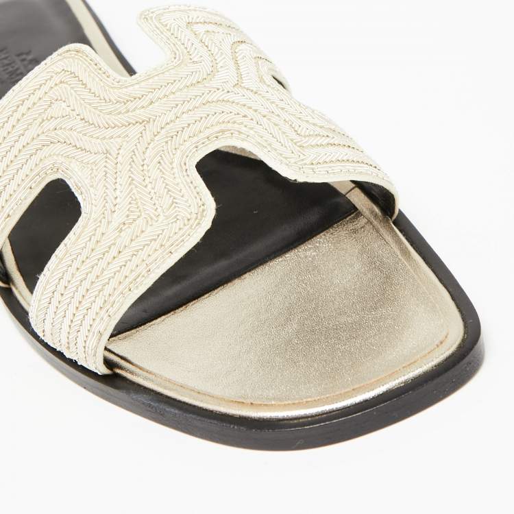 Hermes Beige Fabric Oran Dabka Embroidery Flat Slides Size 37