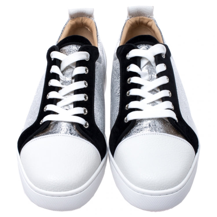 Christian Louboutin Silver/White Foil Leather and Leather Orlato Low Top Sneakers 43.5