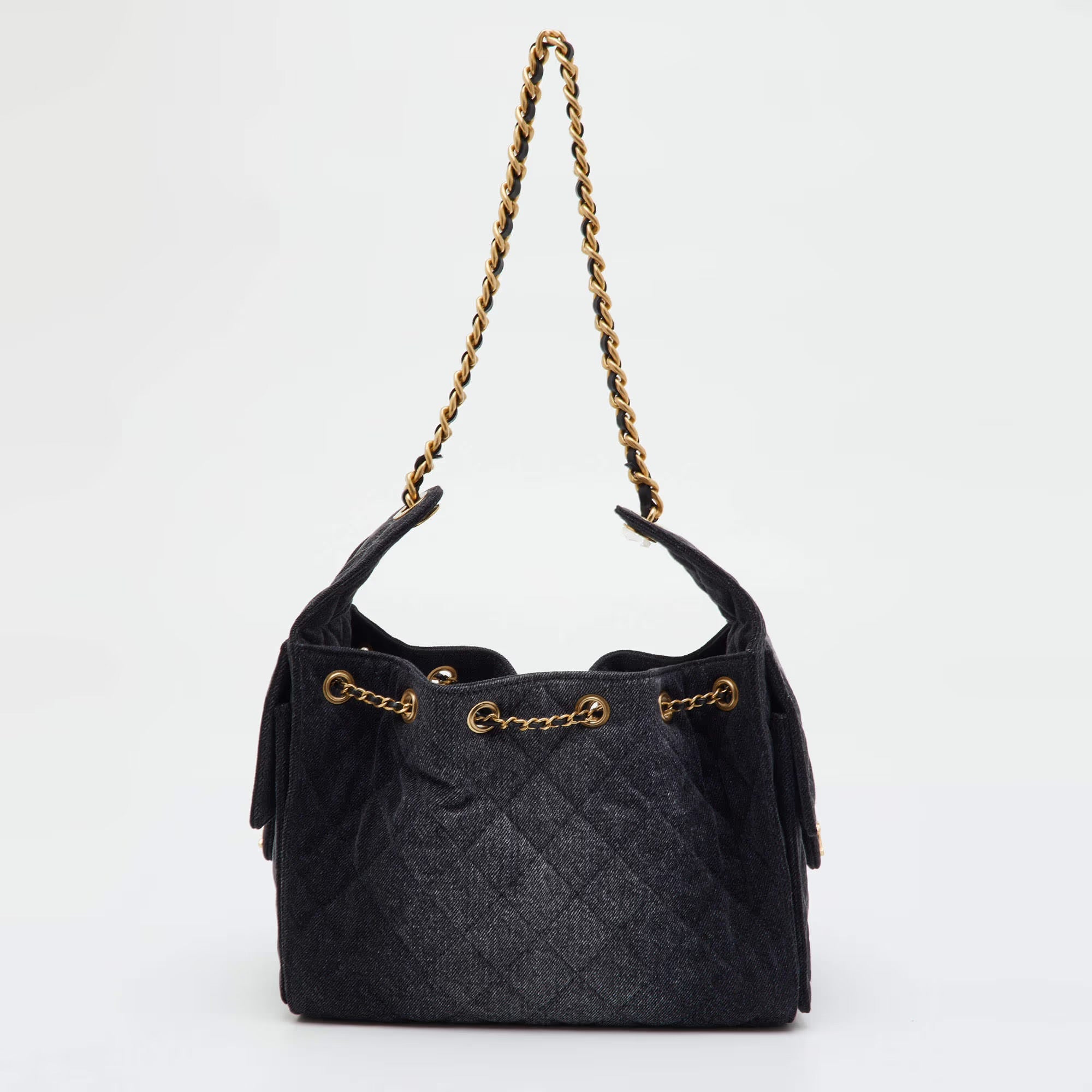 Chanel 25 Drawstring Black Quilted Denim Hobo