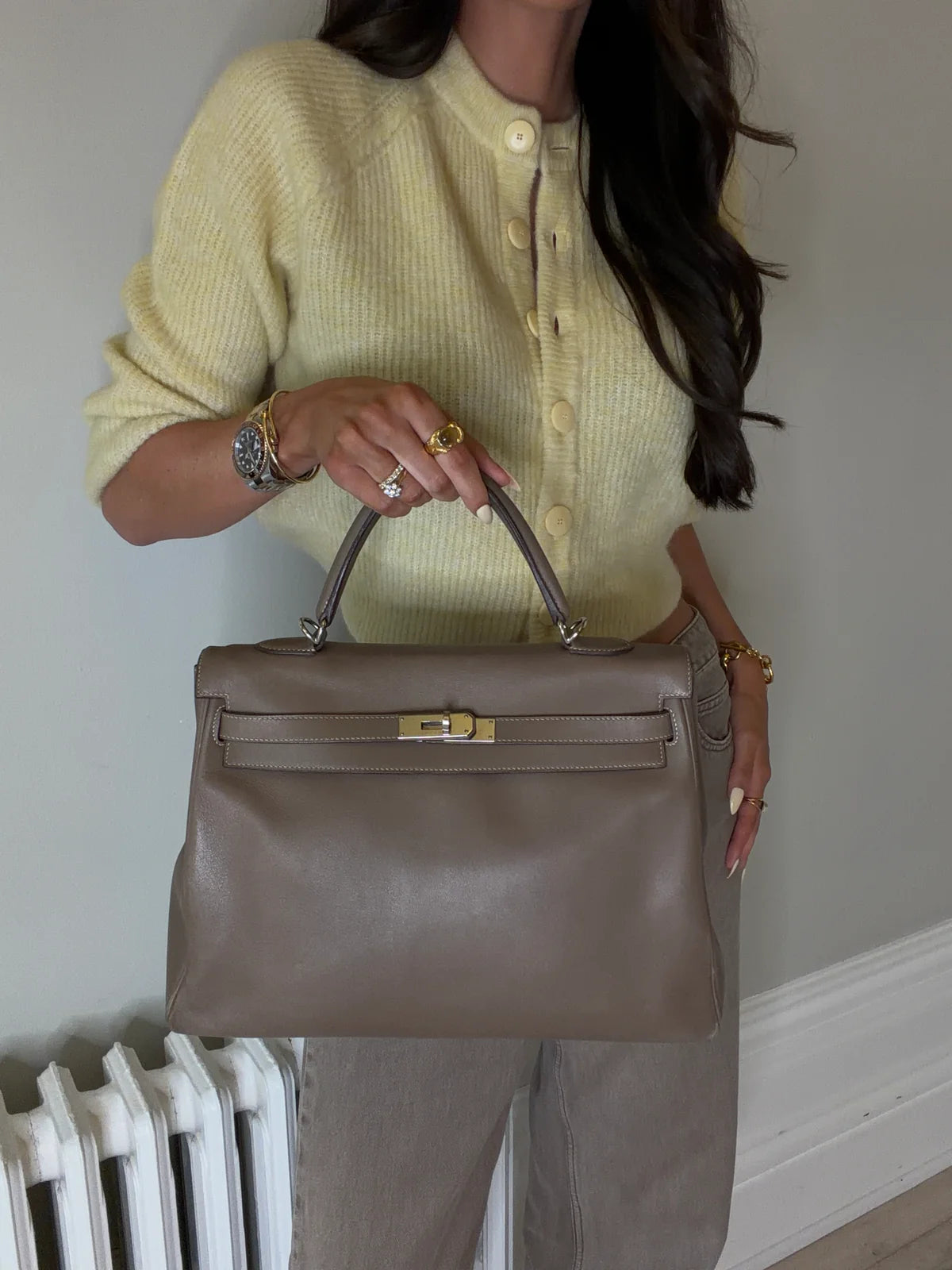 HERMÈS KELLY 32 IN ETOUPE SWIFT LEATHER WITH PALLADIUM HARDWARE