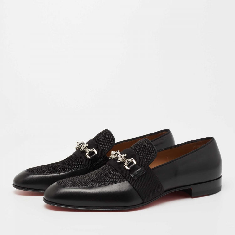 Christian Louboutin Black Leather and Raffia Panamax Spiked Loafers Size 43.5