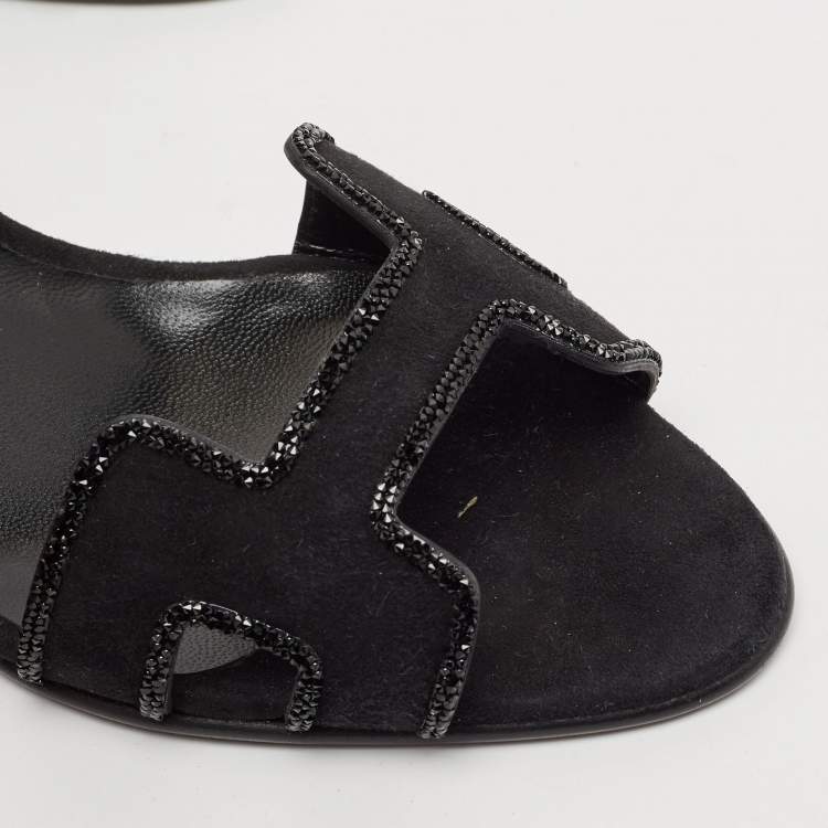 Hermes Black Suede Crystal Embellished Premiere Sandals Size 36.5