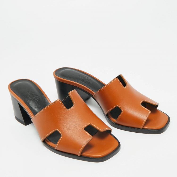 Hermès Brown Leather Helia Slide Sandals Size 36