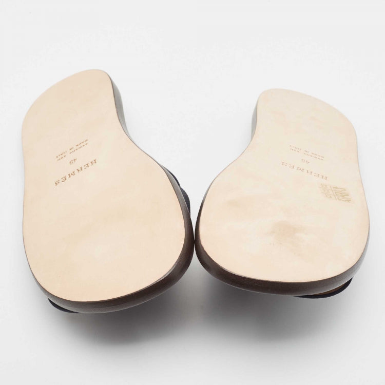 Hermès Navy Blue Leather Izmir Flat Slides Size 45