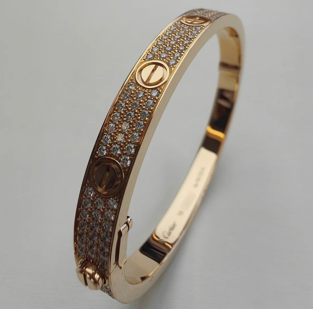Cartier Love Paved Diamond 18K Rose Gold Cuff Bracelet Size 18