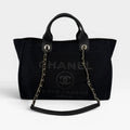 CHANEL SMALL DEAUVILLE TOTE BAG IN BLACK WITH PALE GOLD HARDWARE