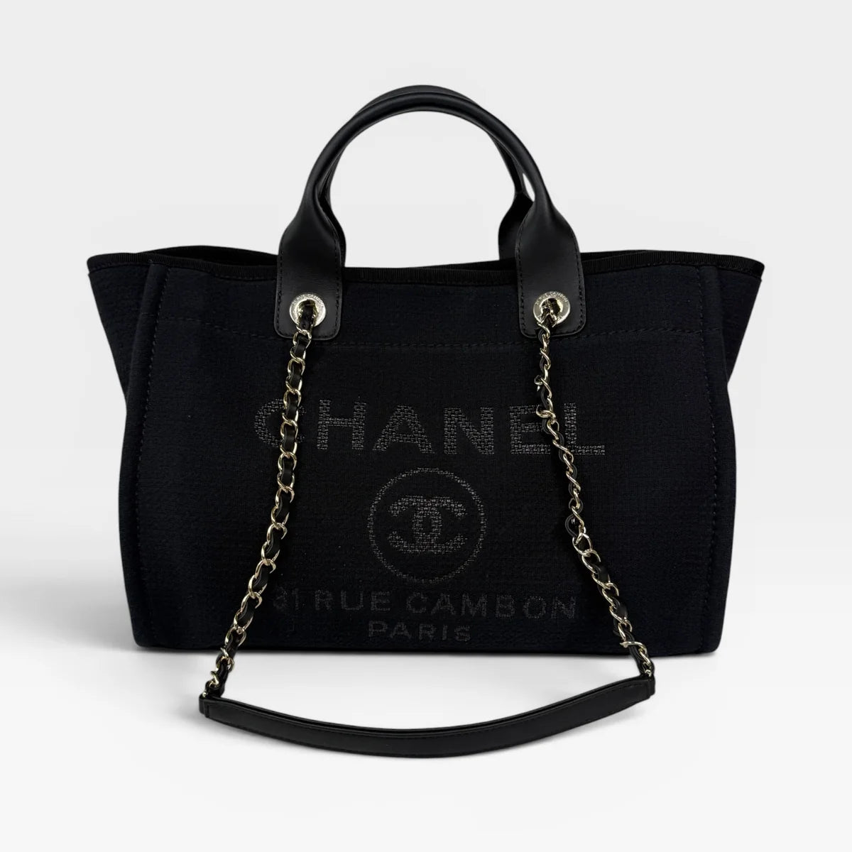 CHANEL SMALL DEAUVILLE TOTE BAG IN BLACK WITH PALE GOLD HARDWARE