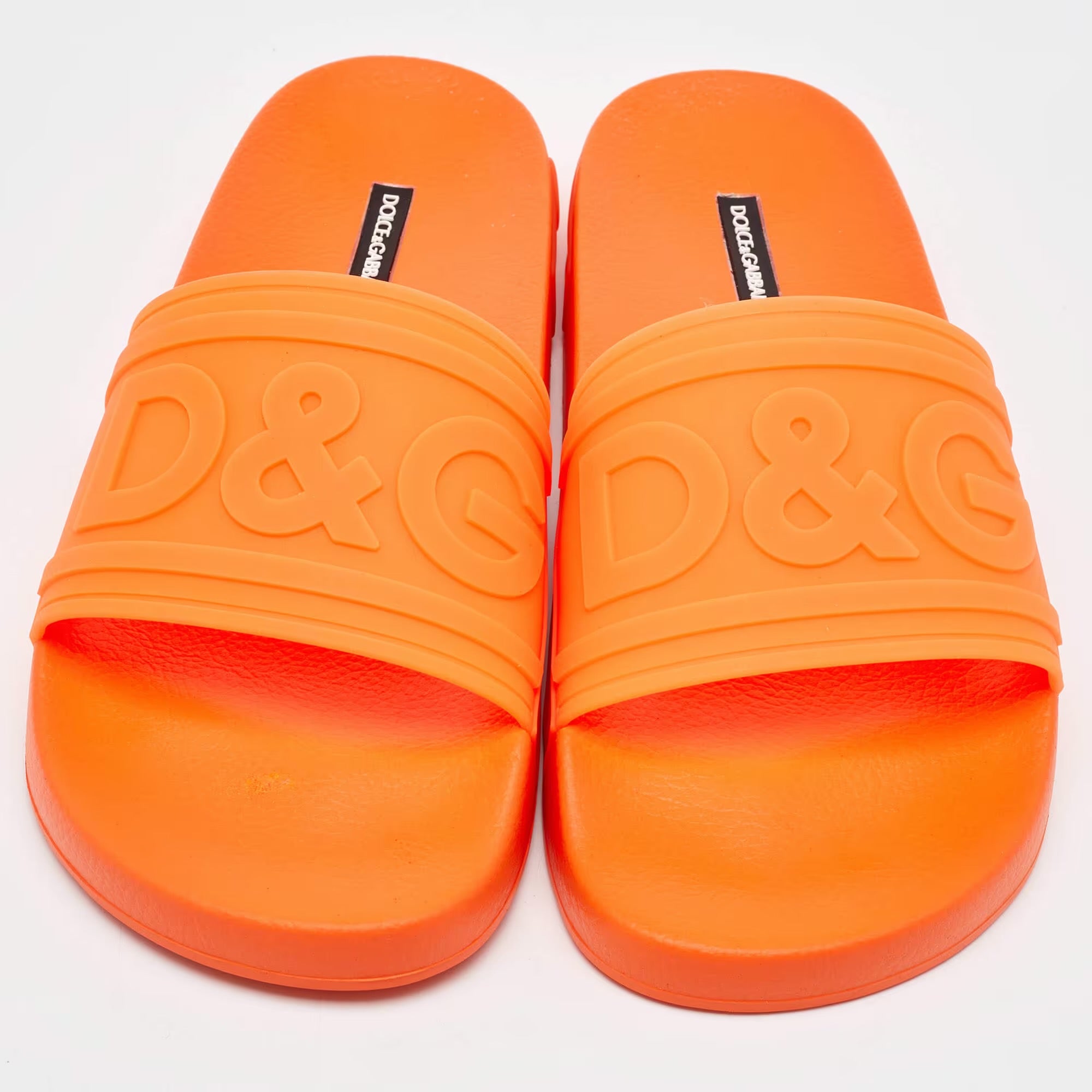 Dolce & Gabbana Neon Orange Rubber Logo Flat Slides Size 41