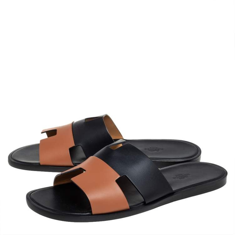 Hermés Black/Brown Leather Izmir Flat Slides Size 44