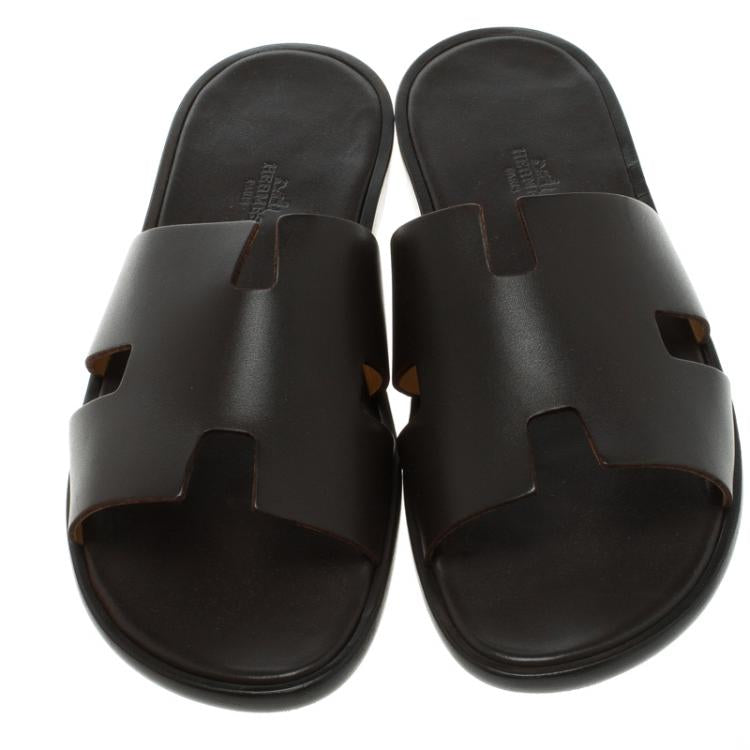 Hermes Dark Brown Leather Izmir Sandals Size 44.5