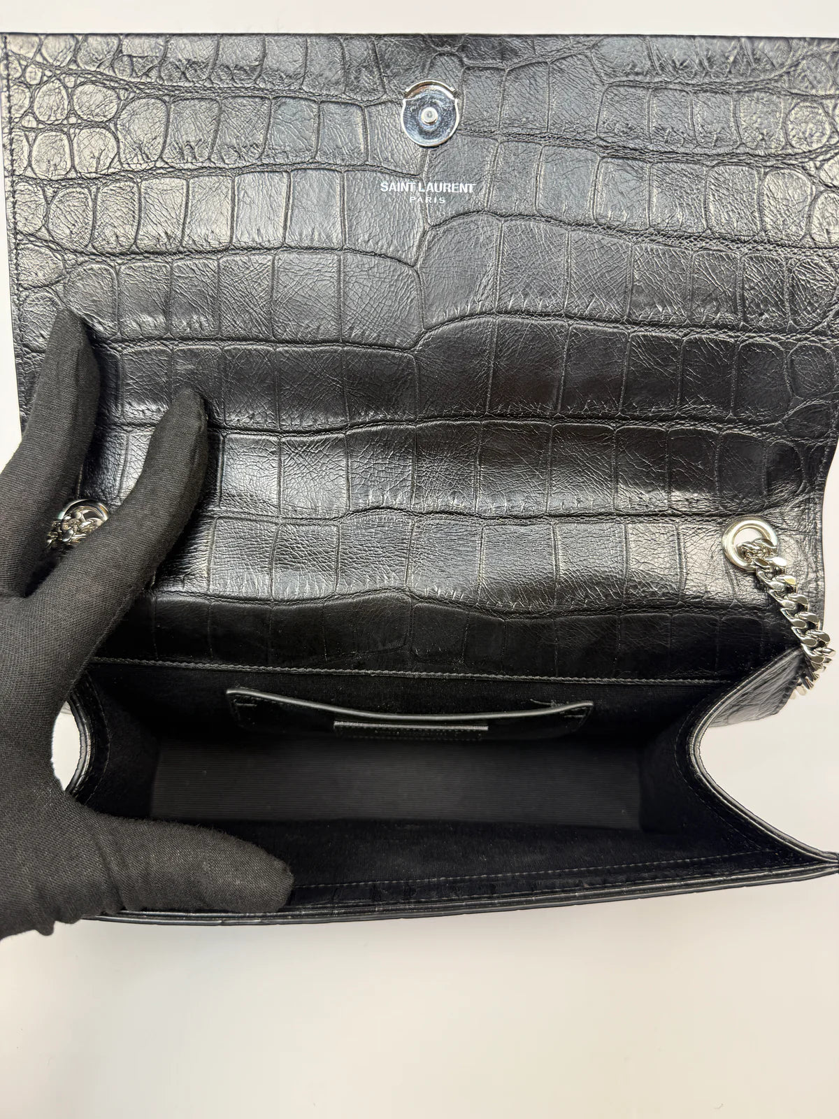 SAINT LAURENT BLACK CROC EMBOSSED KATE TASSEL BAG
