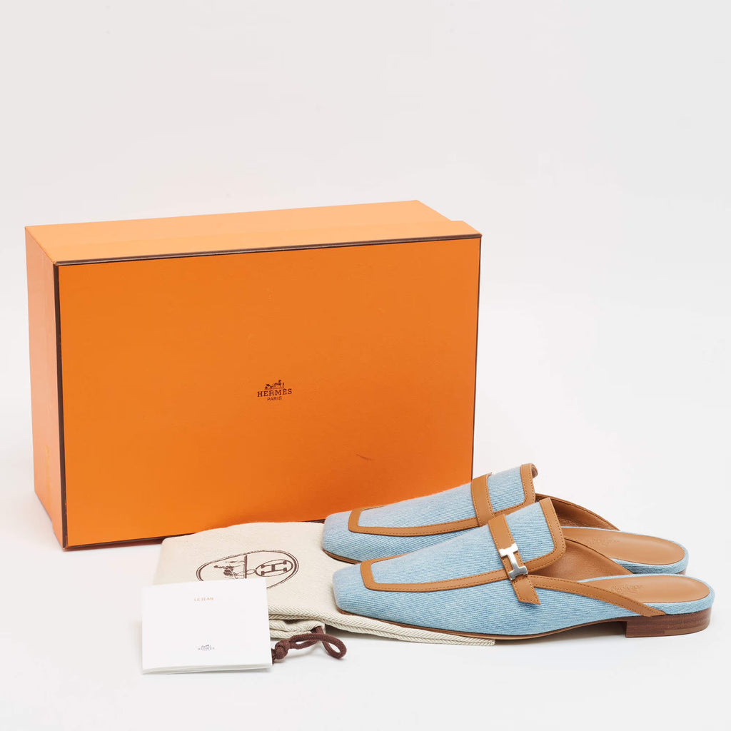 Hermes Groupie Size 37 Blue/Brown Denim and Leather Flat Mules