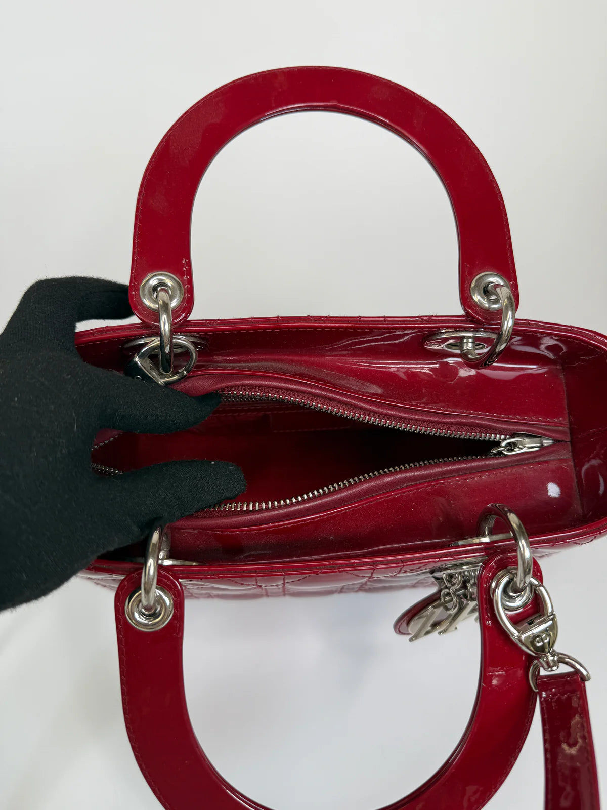 CHRISTIAN DIOR MEDIUM LADY DIOR IN PATENT RED LEATHER WITH SILVER HARDWARE