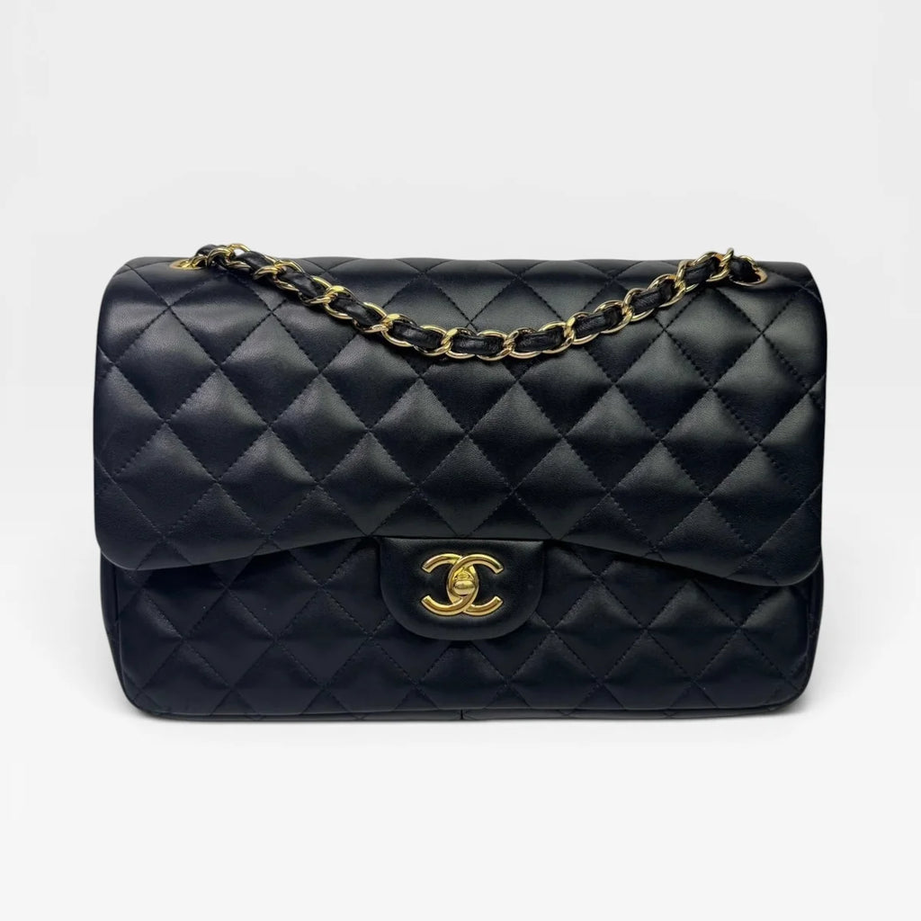 CHANEL BLACK LAMBSKIN LEATHER JUMBO CLASSIC DOUBLE FLAP GOLD HARDWARE