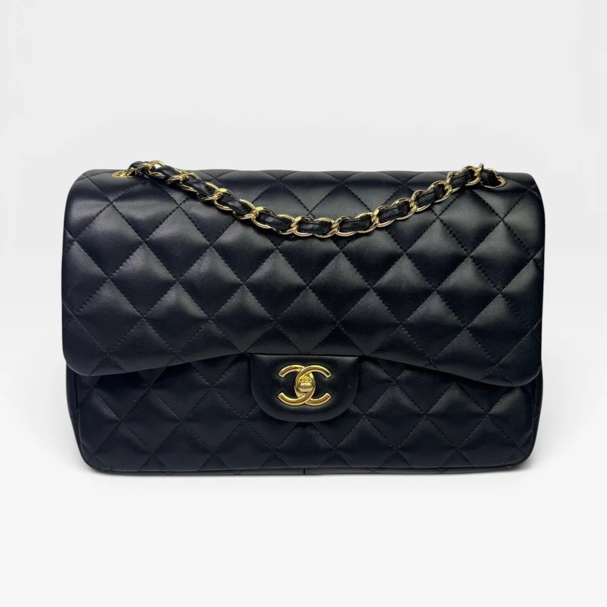 CHANEL BLACK LAMBSKIN LEATHER JUMBO CLASSIC DOUBLE FLAP GOLD HARDWARE