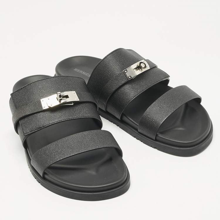Hermès Black Leather Jackson Sandals Size 45