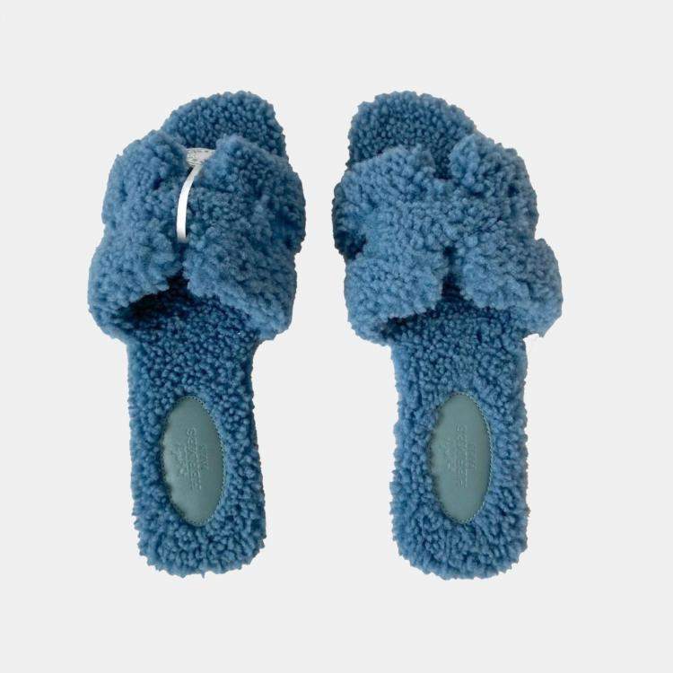 Hermes Blue Leather Oran Shearling Flats Size EU 37