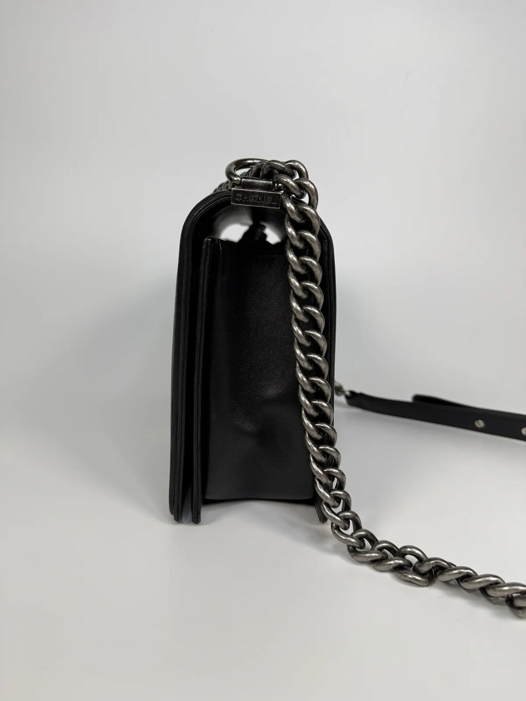 CHANEL BLACK LAMBSKIN LEATHER LARGE BOY BAG WITH RHW