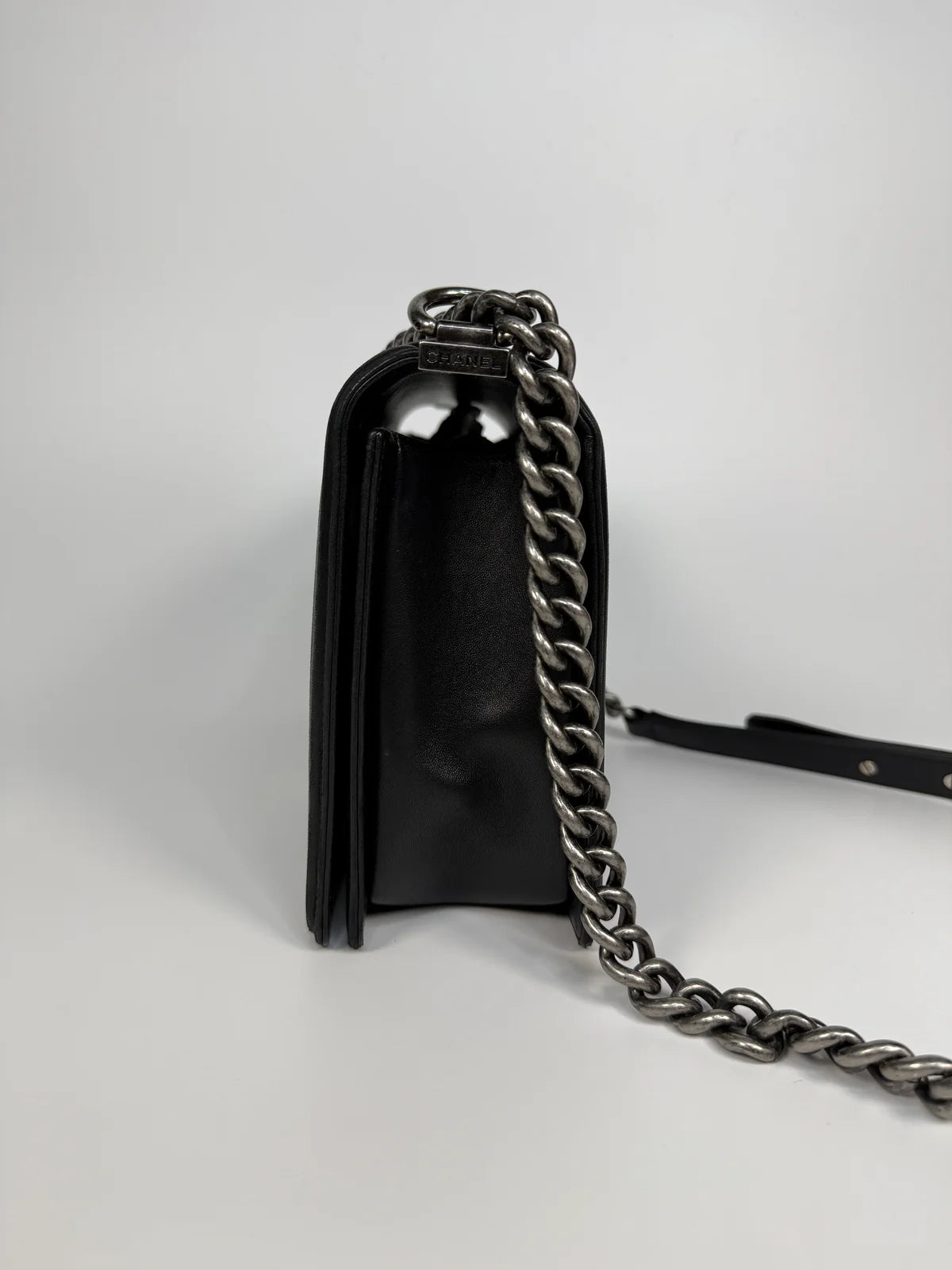 CHANEL BLACK LAMBSKIN LEATHER LARGE BOY BAG WITH RHW