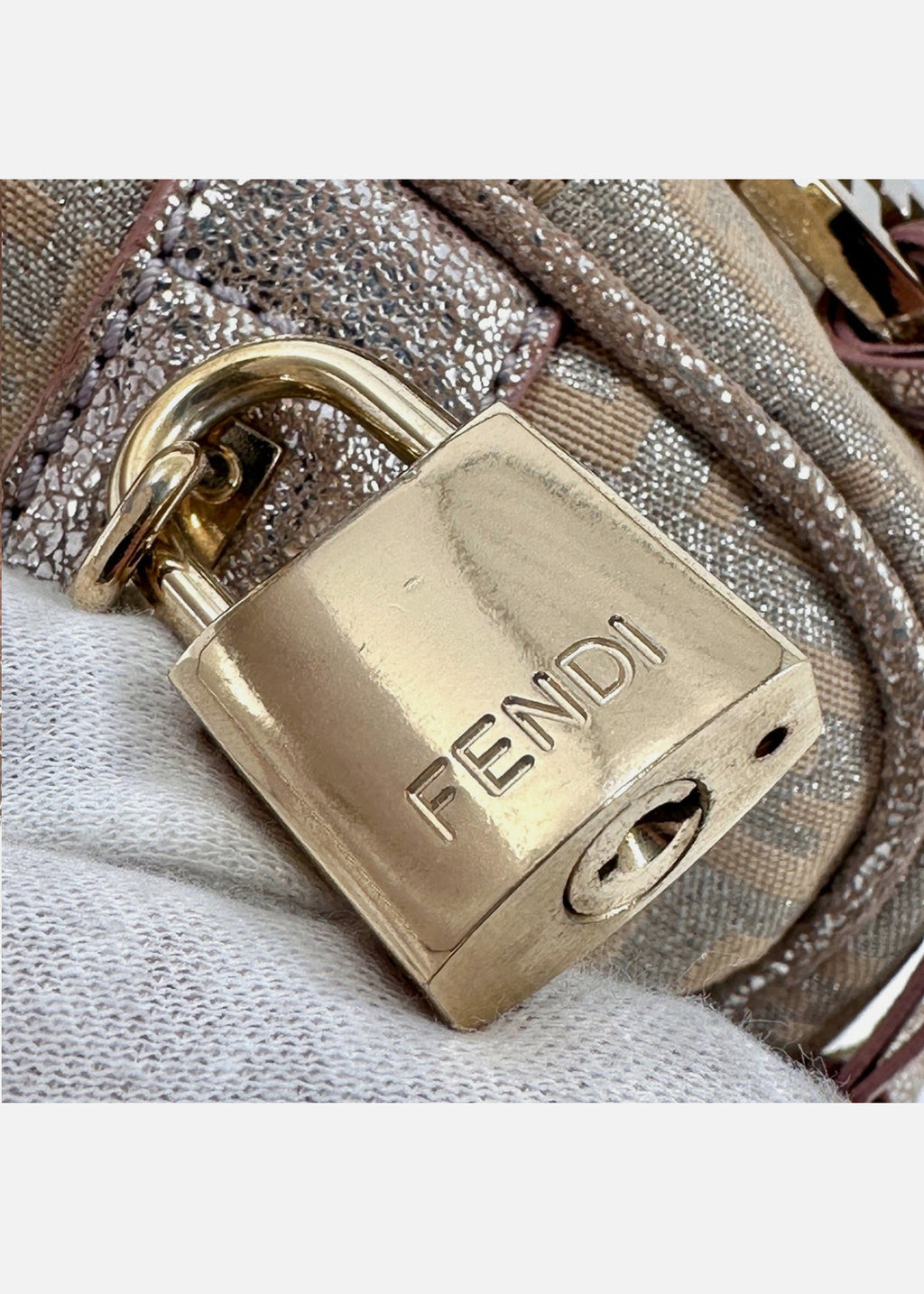 FENDI Mini Boston Bag Zucchino Canvas Leather Pink Beige Silver Purse