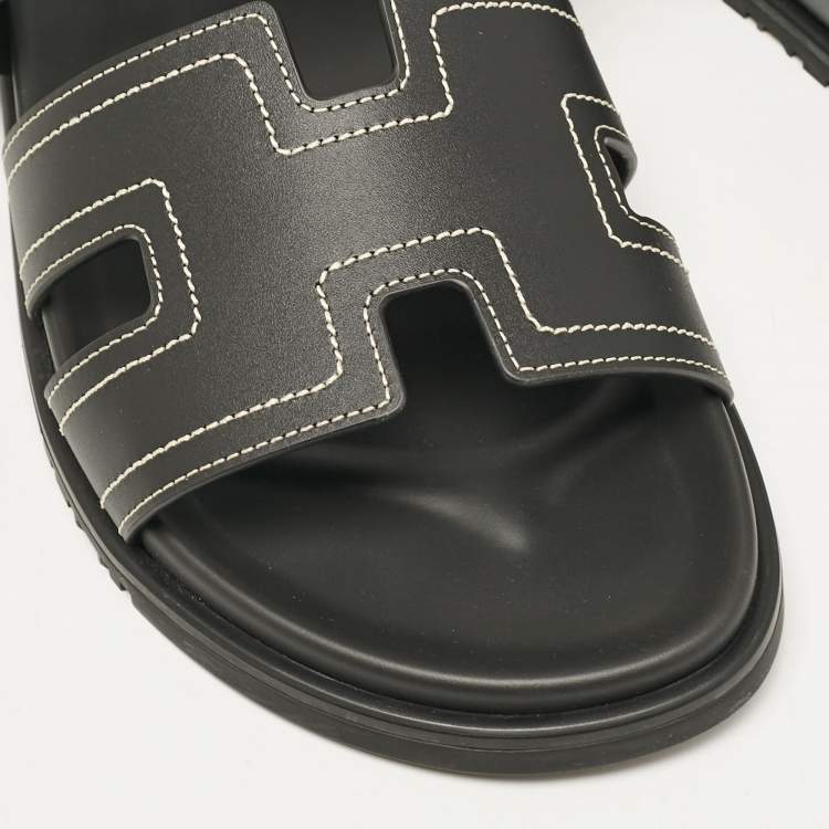 Hermes Black Leather Chypre Sandals Size 46