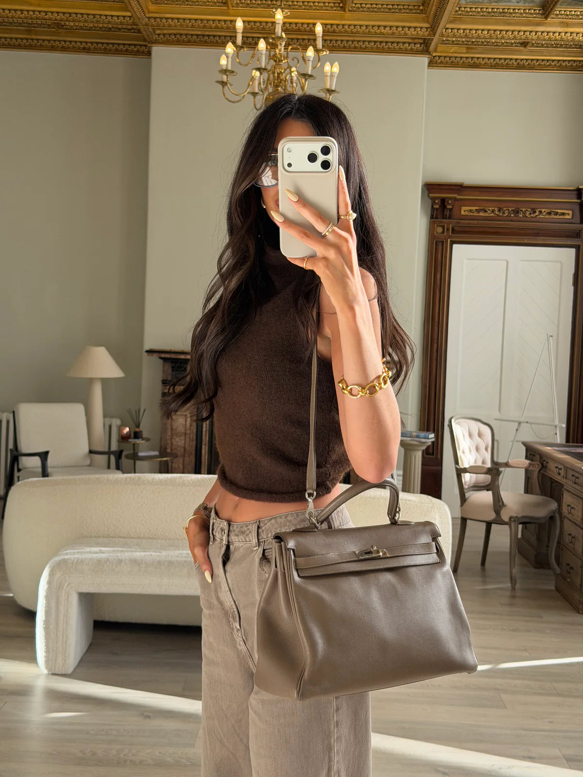 HERMÈS KELLY 32 IN ETOUPE SWIFT LEATHER WITH PALLADIUM HARDWARE