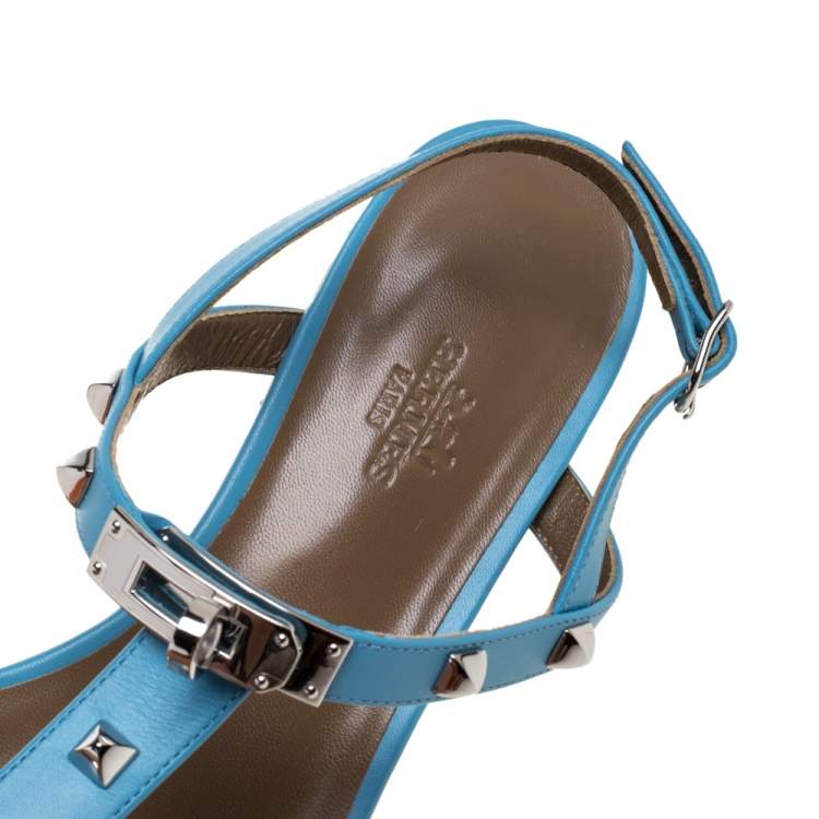 Hermes Blue Leather Olivia Ankle Strap Sandals Size 37.5