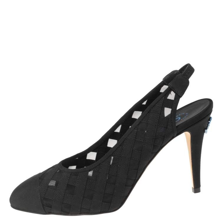 Chanel Black Mesh and Fabric Cap Toe Slingback Pumps Size 39