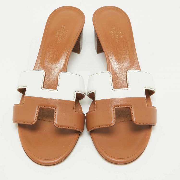 Hermes Brown/White Leather Oasis Slide Sandals Size 36.5