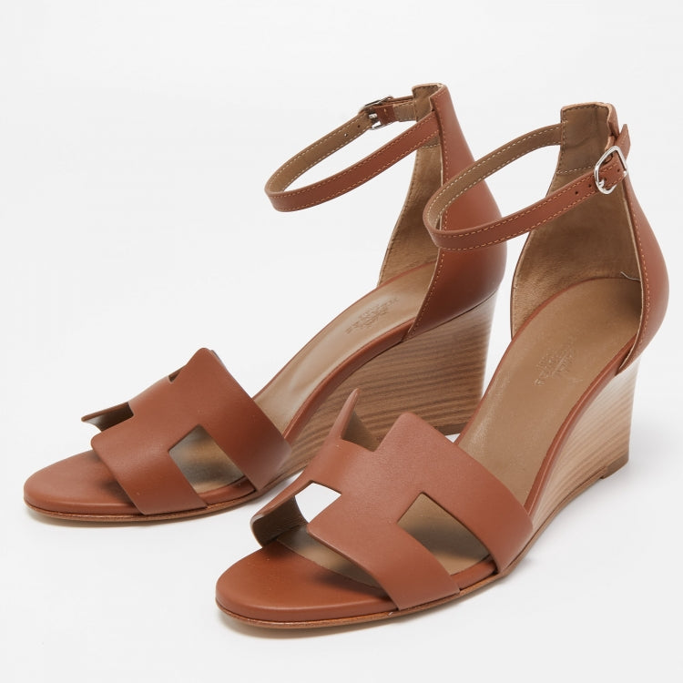 Hermes Brown Leather Legend Wedge Sandals Size 38.5