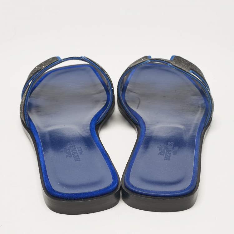 Hermes Blue/Black Suede Crystal Embellished Oran Flat Slides Size 36.5
