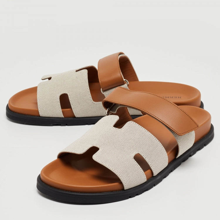 Hermes Beige/Brown Canvas and Leather Chypre Sandals Size 43