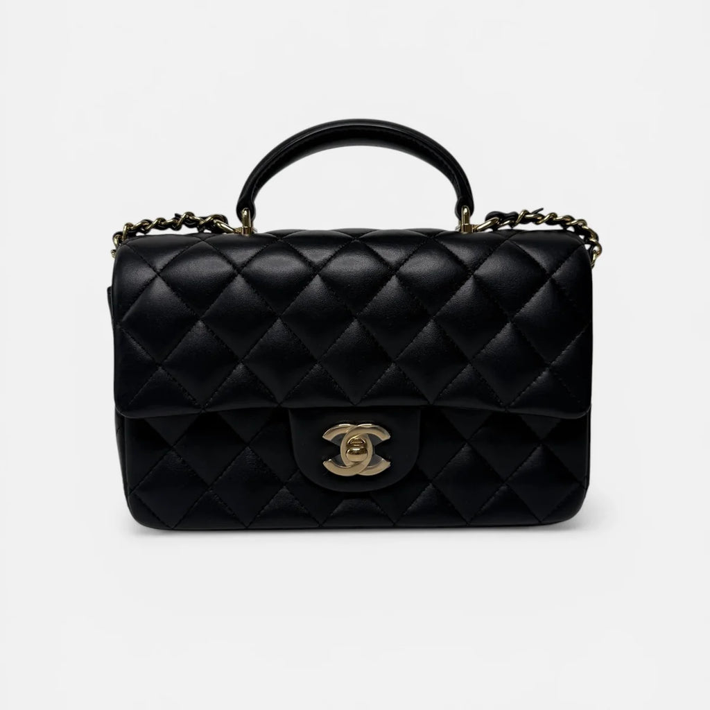 CHANEL MINI RECTANGLE TOP HANDLE FLAP BAG IN BLACK LAMBSKIN WITH PALE GOLD HARDWARE