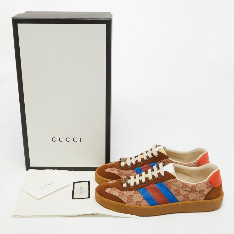 Gucci Brown/Beige GG Canvas and Suede Web G74 Sneakers Size 38.5