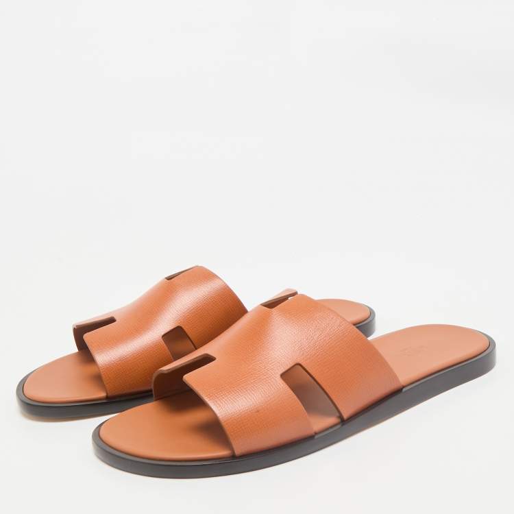 Hermès Orange Leather Izmir Flat Slides Size 45