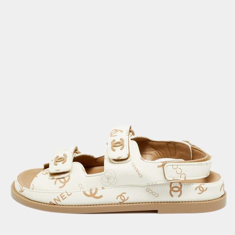 Chanel White Leather Dad Flat Sandals Size 38.5
