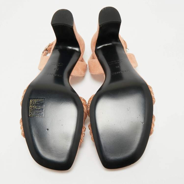 Hermes Peach Suede Crystal Embellished Eternite Sandals Size 36