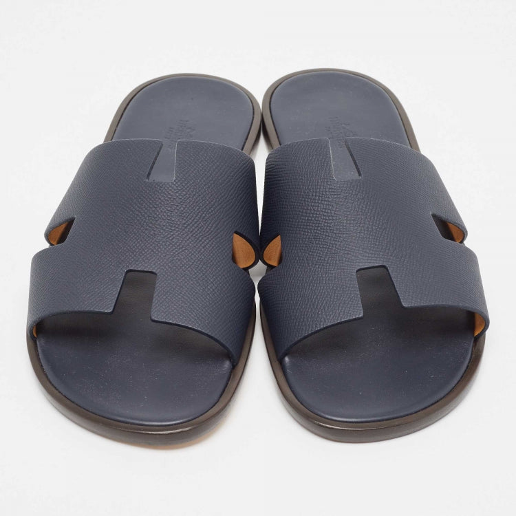 Hermès Navy Blue Leather Izmir Flat Slides Size 45